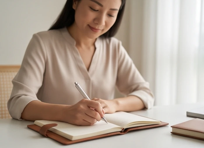 Người phụ nữ nhẹ nhàng viết nhật ký ghi lại những cảm xúc chân thành và sự quan tâm dành cho người thân