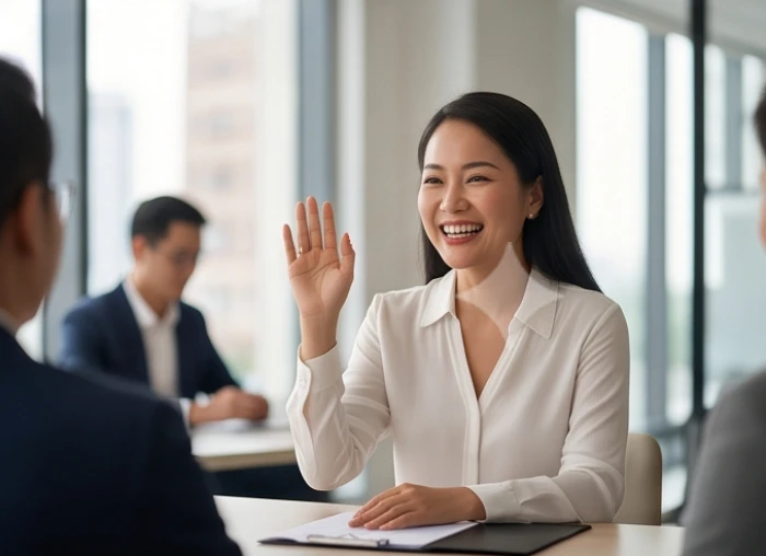 Người phụ nữ tự tin mỉm cười giơ tay phát biểu ý kiến trong một buổi họp nhóm nhỏ thân mật