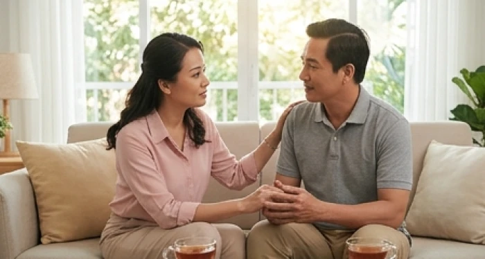 Vợ chồng tuổi Sửu trò chuyện nhẹ nhàng và thấu cảm tại phòng khách để hóa giải xung đột ý kiến