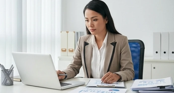 Nữ giới tuổi Sửu làm việc độc lập và kiên định với mục tiêu công việc trong không gian văn phòng