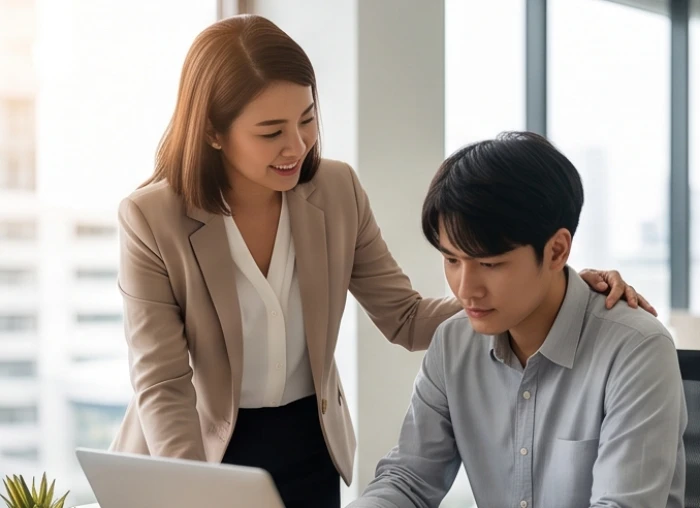 Nữ quản lý đang ân cần động viên một nhân viên cấp dưới trong không gian làm việc chuyên nghiệp