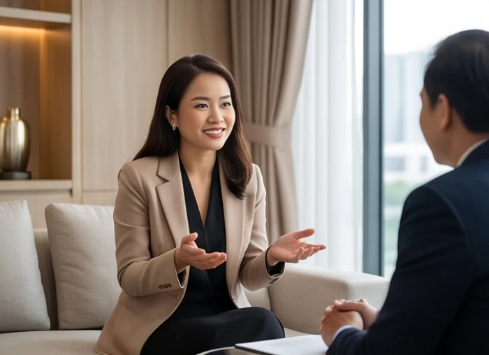 Giám đốc chăm sóc khách hàng nữ tuổi Thìn trao đổi hợp đồng dịch vụ cao cấp với đối tác tại sảnh tiếp khách