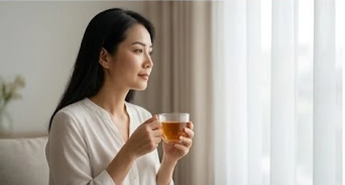 Người phụ nữ tuổi Thìn dành thời gian tĩnh lặng thưởng trà trong không gian riêng tư để cân bằng cảm xúc nội tâm