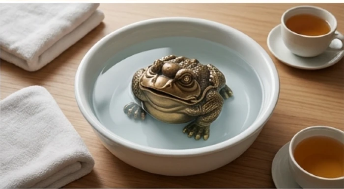 Chậu nước âm dương ngâm tẩy uế cho tượng thiềm thừ chuẩn bị nghi thức khai quang điểm nhãn tại nhà