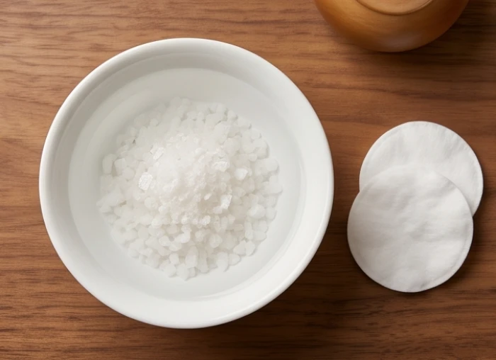 Bát sứ trắng chứa nước lọc tinh khiết pha nước sôi ấm rắc muối biển thô chuẩn bị tẩy uế linh vật