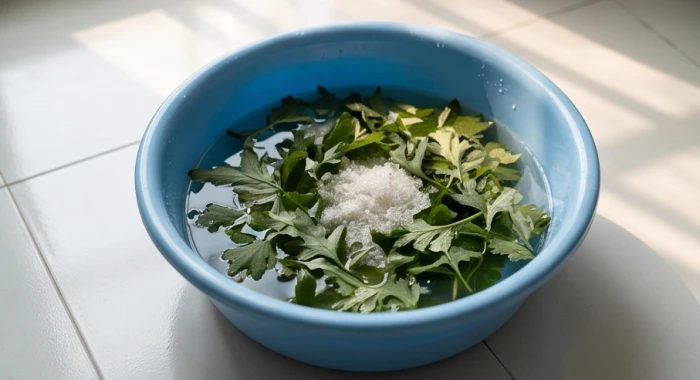 Chậu nước ấm ngâm lá ngải cứu tươi và muối hạt dùng để lau dọn nhà cửa giúp xua đuổi tà khí phong thủy