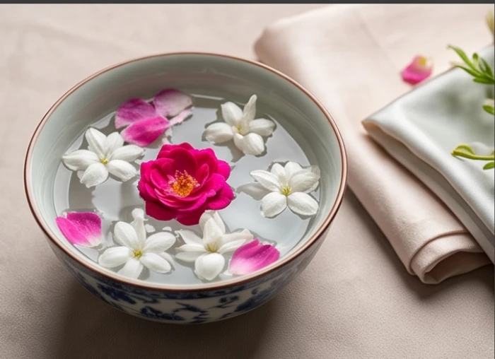 Bát nước sạch ngâm cùng các loại hoa tươi có mùi thơm nhẹ dùng để tẩy uế vật phẩm phong thủy