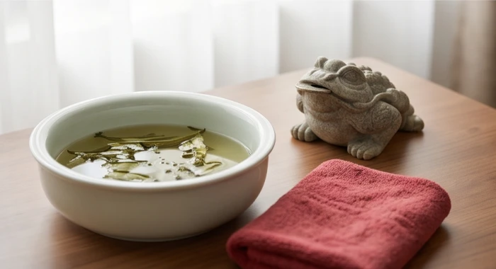 Chậu nước ngũ vị ấm cùng khăn mềm sạch được chuẩn bị kỹ lưỡng để lau rửa tẩy uế cho tượng thiềm thừ mới