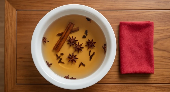 Chậu nước ngũ vị thảo dược ấm pha quế hồi đinh hương chuẩn bị thanh tẩy uế khí cho cóc ngậm tiền