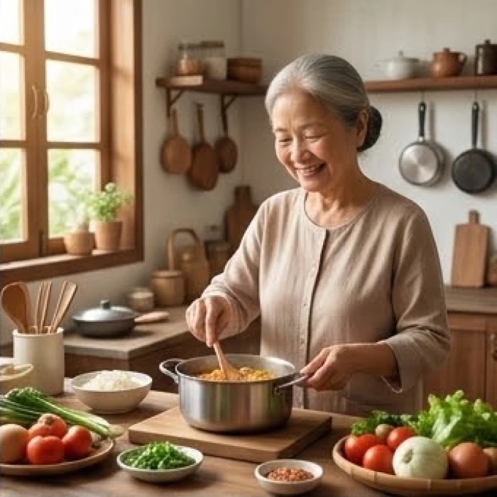Người bà lớn tuổi hiền từ đang mỉm cười chuẩn bị bữa cơm ấm cúng cho cả gia đình