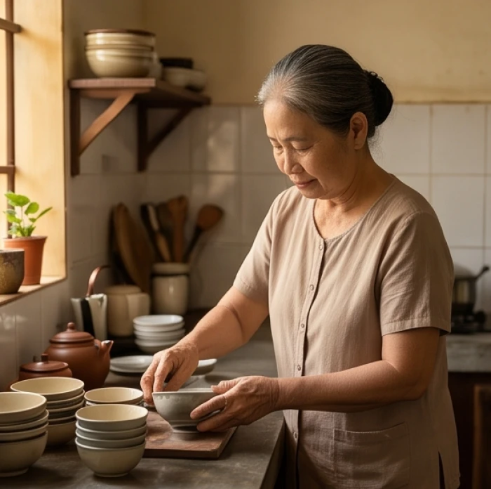 Người bà tỉ mỉ xếp dọn mâm bát trong bếp thể hiện sự kỹ tính và thói quen chăm sóc gia đình chi li