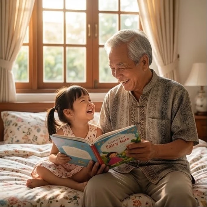 Người ông lớn tuổi rạng rỡ đọc truyện cổ tích cho đứa cháu nhỏ trong phòng ngủ ấm áp