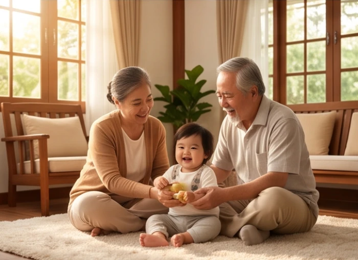 Ông bà lớn tuổi nhâm dần hạnh phúc vui đùa cùng cháu nhỏ tại phòng khách ấm cúng gia đình