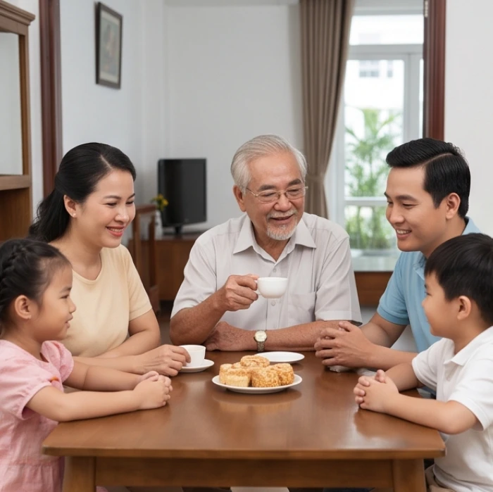 Người ông lớn tuổi cùng con cháu quây quần trò chuyện vui vẻ bên bàn trà gia đình tại phòng khách