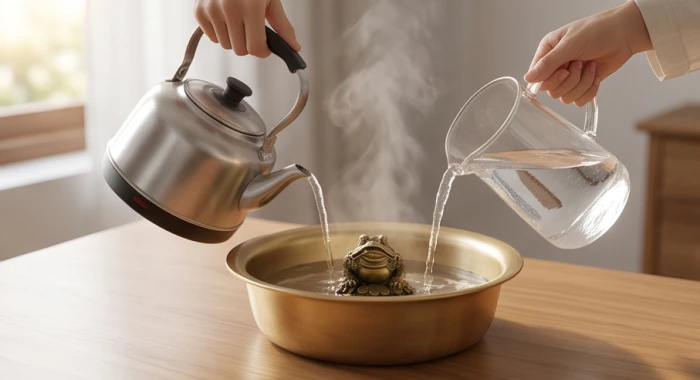 Chuẩn bị chậu nước âm dương kết hợp nước lạnh và nước sôi để tẩy rửa khai quang linh vật phong thủy