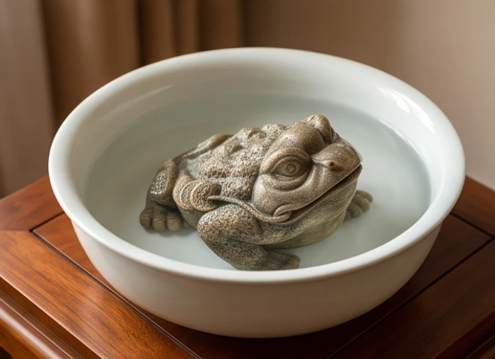 Tượng cóc ba chân bằng đá ngâm ngập trong chậu nước sạch pha nước âm dương để thanh tẩy