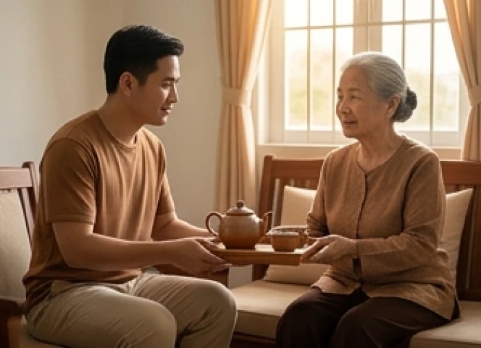Con cháu mang khay trà nóng đến mời người bà cao tuổi để xoa dịu bầu không khí căng thẳng trong gia đình