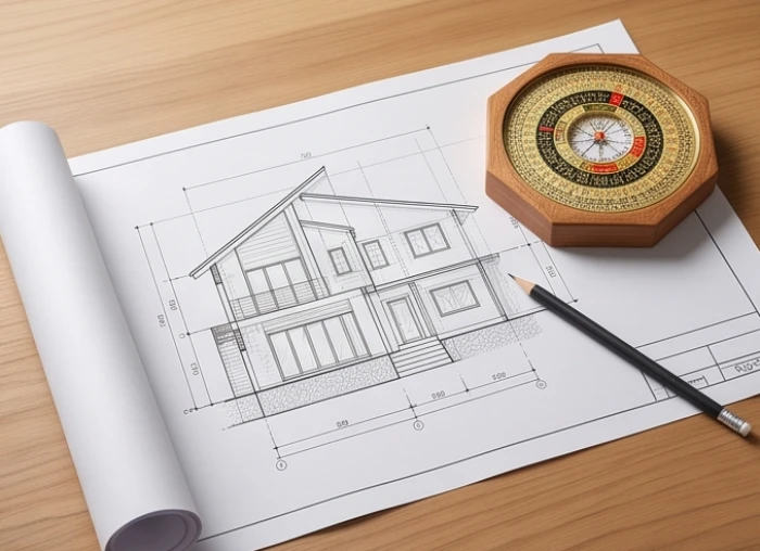 Bản vẽ thiết kế nhà ở đặt cạnh chiếc la bàn phong thủy trên chiếc bàn gỗ mộc mạc
