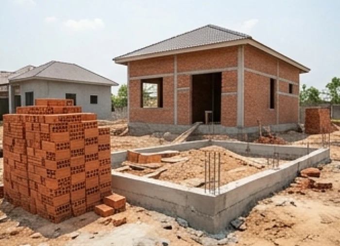 Khối gạch nền móng nhà đang xây dựng dang dở minh họa cho những khó khăn khi gia chủ tự ý khởi công lúc phạm Hoang Ốc