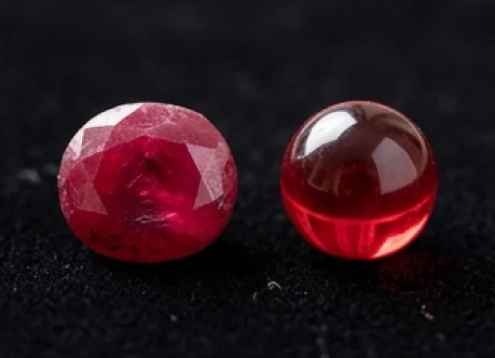 Viên đá ruby đỏ tự nhiên có vân kéo mây thô sơ đặt cạnh chuỗi hạt ruby giả bôi dầu bóng loáng