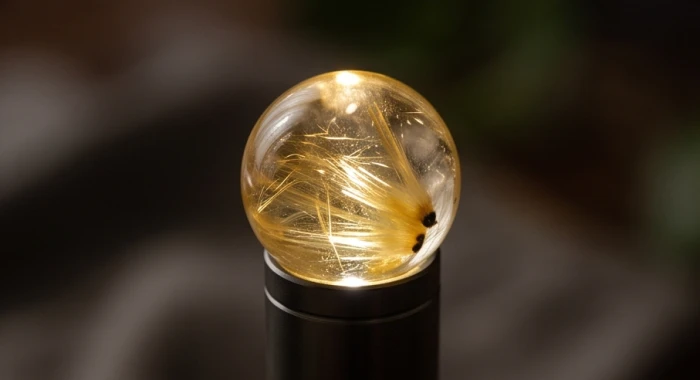 Kiểm tra cấu trúc vân mây và sợi rutile bên trong viên đá thạch anh tự nhiên dưới ánh sáng đèn pin