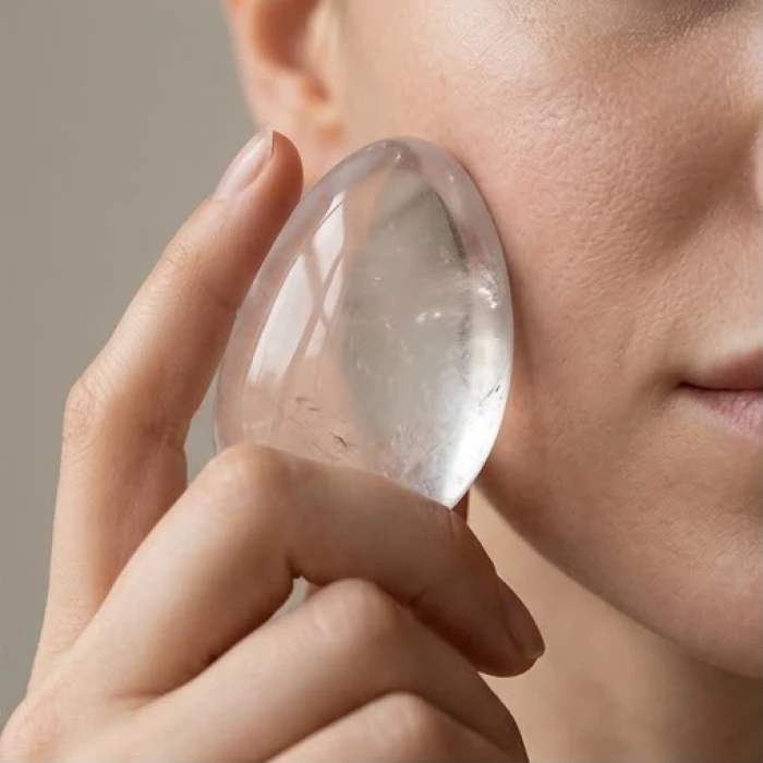 Viên đá thạch anh tự nhiên được áp nhẹ vào má để cảm nhận độ mát lạnh chân thực
