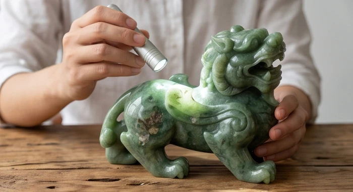 Soi đèn pin kiểm tra vân đá bên trong tượng Tỳ Hưu để phân biệt đá tự nhiên và bột đá công nghiệp