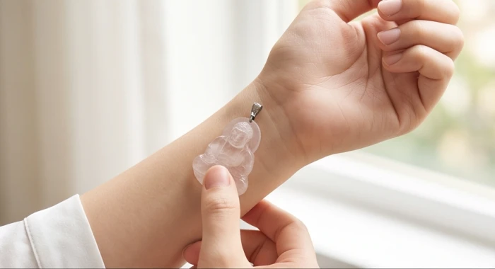 Mặt phật đá thạch anh tự nhiên kề sát vùng da cổ tay để kiểm tra độ mát lạnh và độ tản nhiệt
