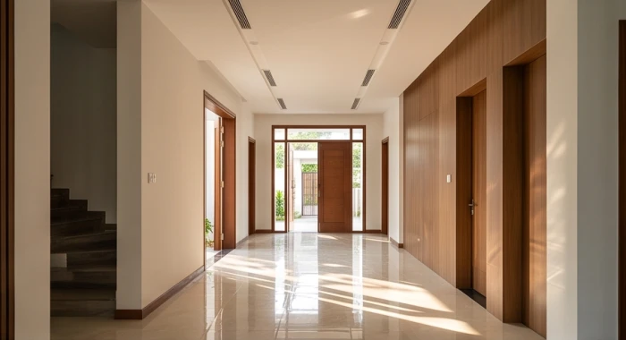 Không gian sảnh chính tràn ngập ánh sáng thể hiện sự phân hóa cát khí riêng biệt giữa nam cung Cấn và nữ cung Đoài