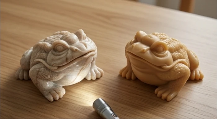 Hai tượng thiềm thừ bằng đá tự nhiên có vân ngẫu nhiên và bột đá ép đồng nhất dưới ánh đèn