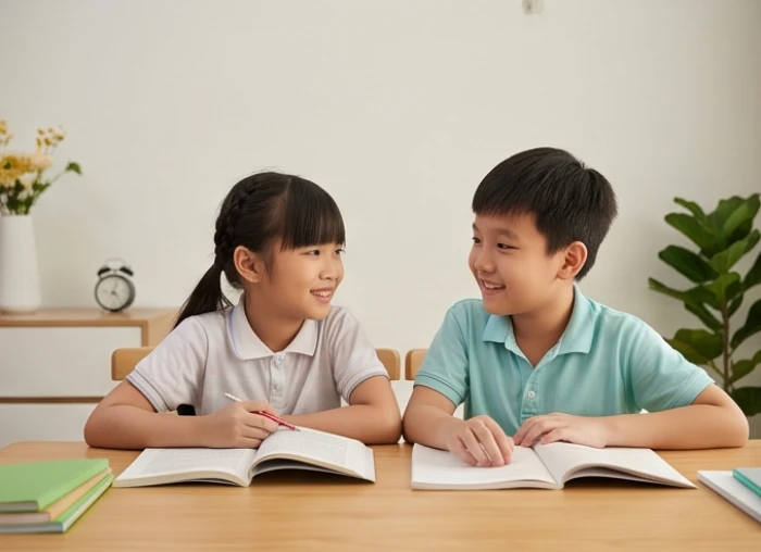 Học sinh lớp 4 chăm chú thảo luận bài tập cùng bạn bè trong lớp học