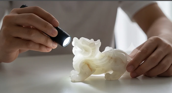 Kiểm tra vân rạn tự nhiên bên trong tượng Tỳ Hưu bằng ánh sáng đèn chiếu xuyên qua thân đá