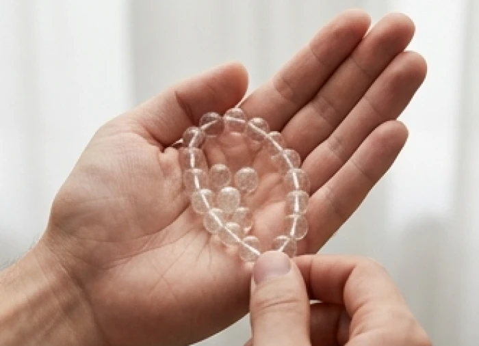 Người đeo kiểm tra bề mặt viên đá thạch anh tự nhiên mát lạnh trên lòng bàn tay để nhận biết chất lượng