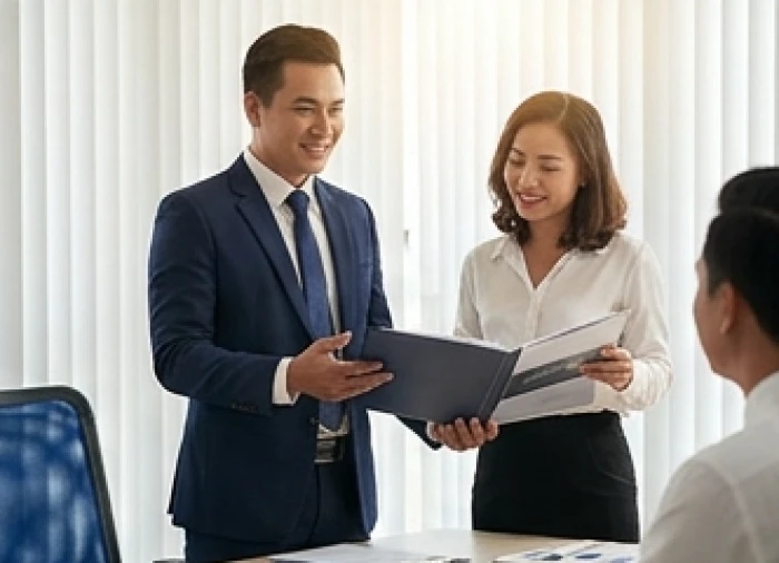 Đại diện công ty tự tin trình bày dự án và chốt hợp đồng với khách hàng