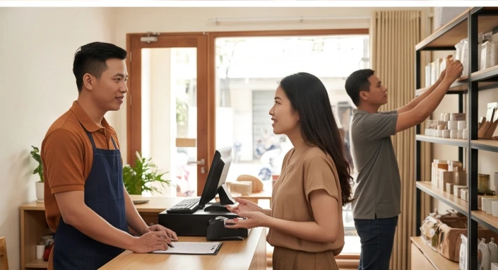 Hai đối tác kinh doanh đang trao đổi công việc, một người trực quầy thu ngân và người kia kiểm tra hàng
