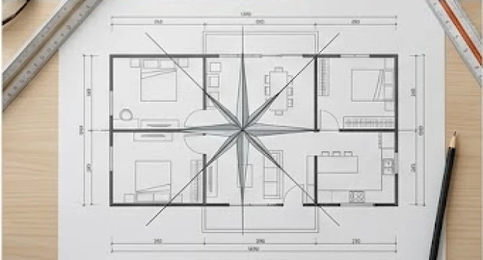 Bản vẽ thiết kế tầng một được ốp lớp lưới định vị phương hướng tỏa ra từ trung tâm bao phủ toàn bộ phòng ốc
