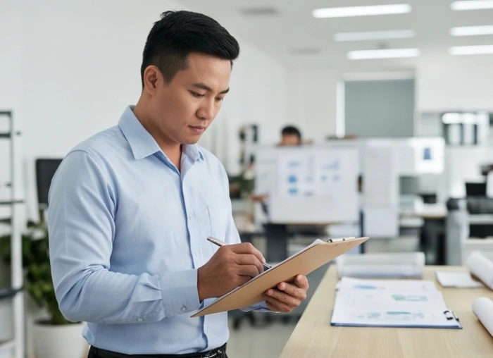 Nhóm trưởng điều hành trực tiếp giám sát tiến độ công việc thực tế tại khu vực sản xuất của doanh nghiệp