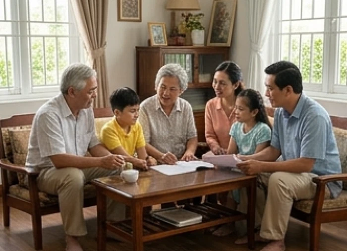 Gia đình nhiều thế hệ đang ngồi quanh bàn phòng khách, cùng nhau thảo luận vui vẻ trong bầu không khí hòa thuận