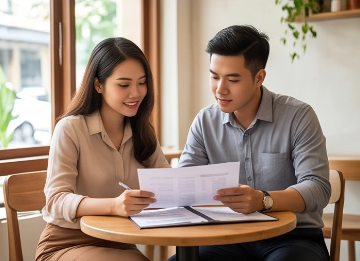 Hai người đối tác đang cùng nhau xem xét tài liệu và thảo luận công việc trên bàn làm việc