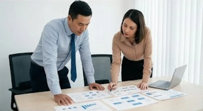 Hai đối tác kinh doanh trao đổi kế hoạch chiến lược thị trường và quy trình giám sát vận hành tại bàn họp