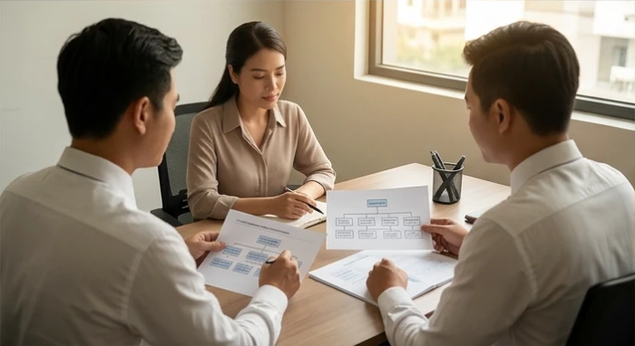 Hai đối tác trao đổi văn bản phân định rõ ranh giới trách nhiệm công việc trong văn phòng