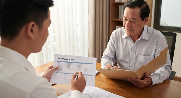 Gia chủ tuổi Mậu Tý xem xét báo cáo tài chính trong khi đối tác điều hành trình bày phương án vận hành tại phòng làm việc