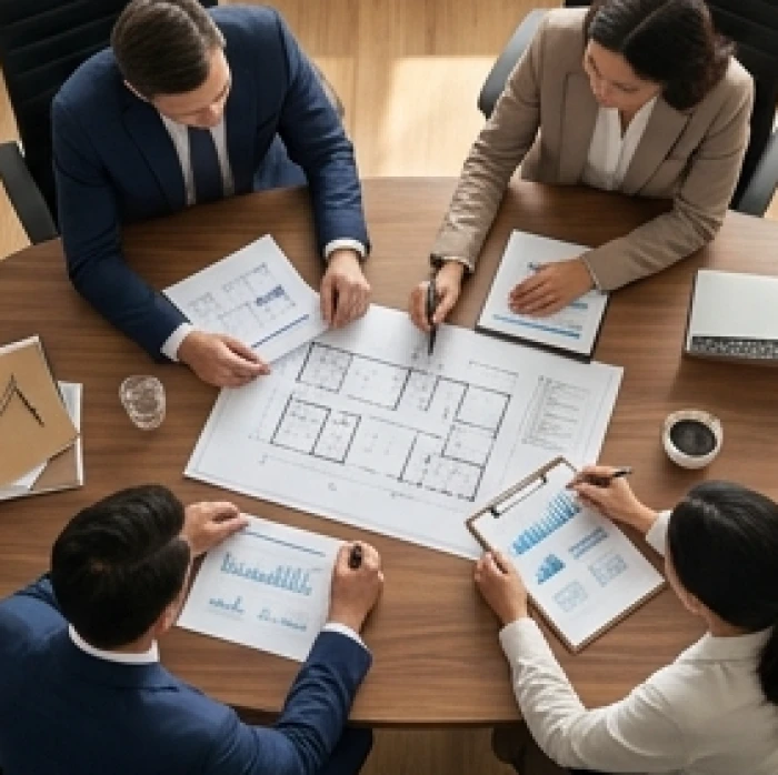 Ba doanh nhân hợp tác quanh bàn họp đại diện cho vai trò chiến lược tài chính và ngoại giao của nhóm tam hợp tuổi thìn