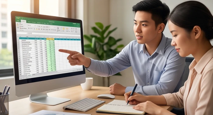 Hai đồng nghiệp đang trao đổi công việc trong đó một người chỉ đạo còn người kia ghi chép cẩn thận