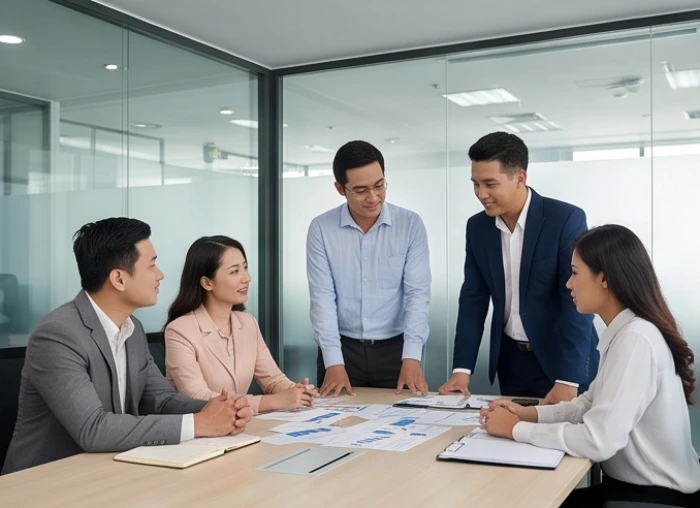 Nhóm nhân sự nam và nữ phối hợp ăn ý trong cuộc họp phân chia nhiệm vụ theo đúng thế mạnh của từng phòng ban