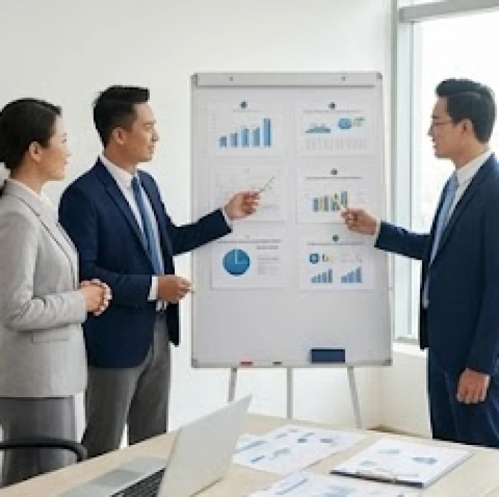 Nhóm cộng sự chia sẻ vai trò chiến lược và quản lý tài chính trong buổi họp đầu năm tại công ty