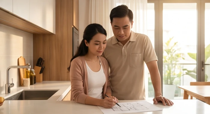 Hai vợ chồng cùng trao đổi về phương hướng bếp hợp theo mệnh trạch của từng người trong gia đình