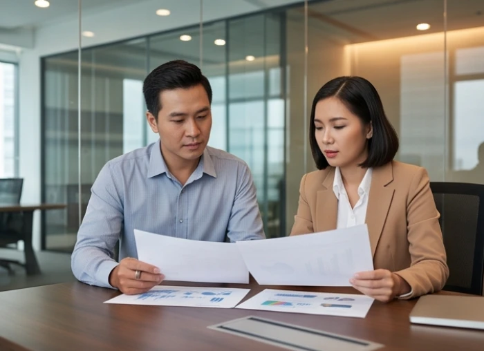 Cuộc họp trao đổi chuyên môn giữa nam quản lý kỹ thuật và nữ giám đốc tài chính tuổi Sửu
