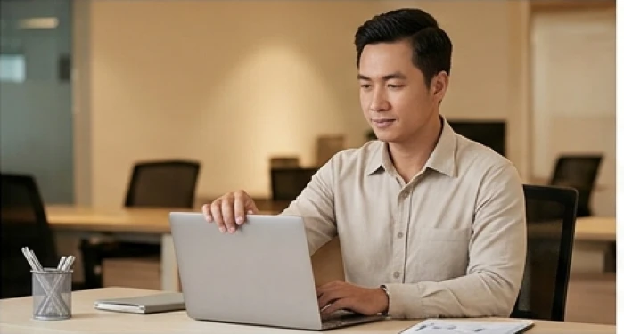 Chuyên viên tuổi đinh mão đóng máy tính và tạm dừng gửi email phản hồi để giữ sự chuyên nghiệp tại công sở