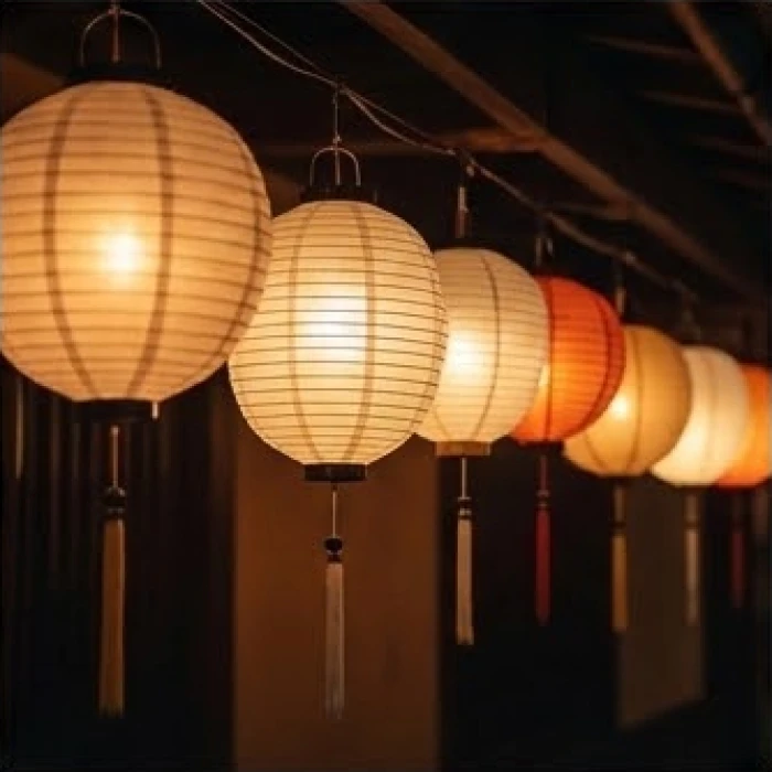 Sáu ngọn đèn lồng giấy truyền thống với kích cỡ và độ sáng khác nhau được treo thành hàng tinh tế